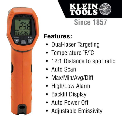 Infrared Thermometer With Dual Laser Targeting And Auto Scan, 12 To 1 Distance To Spot, Backlit Display, Wide Temperature Range