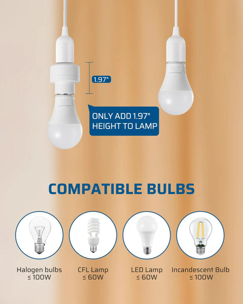 Wireless Remote Light Switch Kit For Lamps And Fixtures No Wiring Needed 100 Ft Range Wall Mounted Controller Plus Two Sockets ETL Listed Easy Remote Control For Pull Chain Lights Ideal For Elderly And Mobility showing bulb compatibility and size comparison