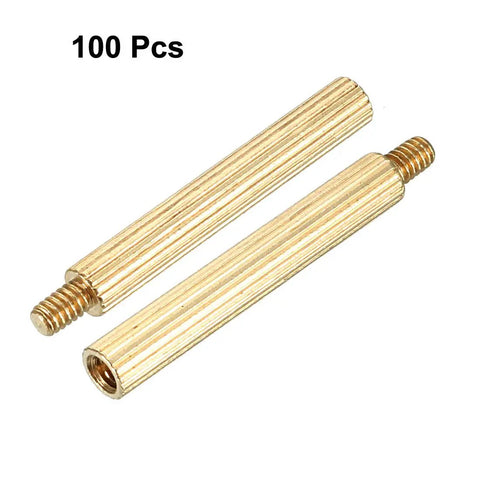 Rock Solid M2 Male Thread Brass Standoff Spacer Screws For Pcb Electronics Projects 23Mm Gold Tone Hardware Fasteners 100 Pack close-up of two brass standoffs with threaded ends.