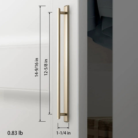 Side view of Champagne Bronze Cabinet Pull with Escutcheon Backplate 12-5/8 Inch Center installed on a cabinet.