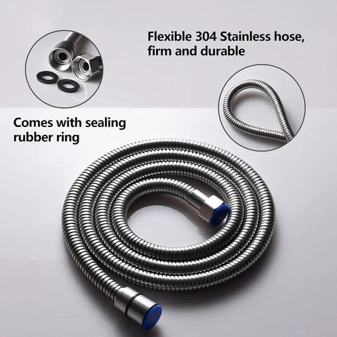 Image of 59-Inch Stainless Steel Hose with rubber rings, part of Brushed Nickel Solid Brass High Pressure Handheld Shower Head set.