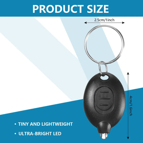 Black mini keychain LED flashlight with dimensions; part of 42 pack set for nurses, durable plastic and stainless steel key ring.