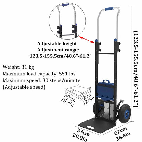 Heavy Duty Electric Stair Climbing Dolly With 551 Lb Load Capacity features adjustable height and dimensions for easy moving.
