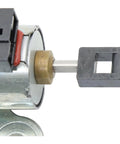 CVT transmission stepper motor with metal shaft and gray plastic end piece, black connector, close-up view