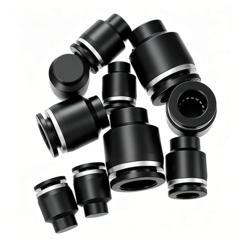 Snag This 10 Piece Pneumatic Quick Connect Kit With Push To Connect Air Line Fitting Plug Adapters In Cap Style For 1/4 5/16 3/8 And 1/2 Inch Tubing That Rock Solid Build For All Your Heavy Duty Projects. black PBT zinc alloy pneumatic quick-connect fittings