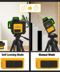 Pro Grade 3X360 Degree Self Leveling Laser Level Featuring Bright Green Cross Lines in Self Leveling and Manual Modes on a tripod.