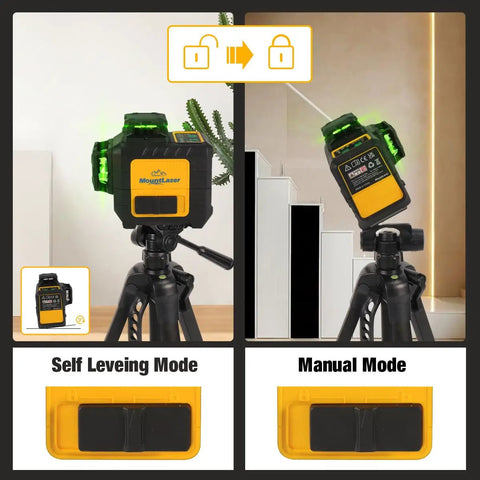 Pro Grade 3X360 Degree Self Leveling Laser Level Featuring Bright Green Cross Lines in Self Leveling and Manual Modes on a tripod.