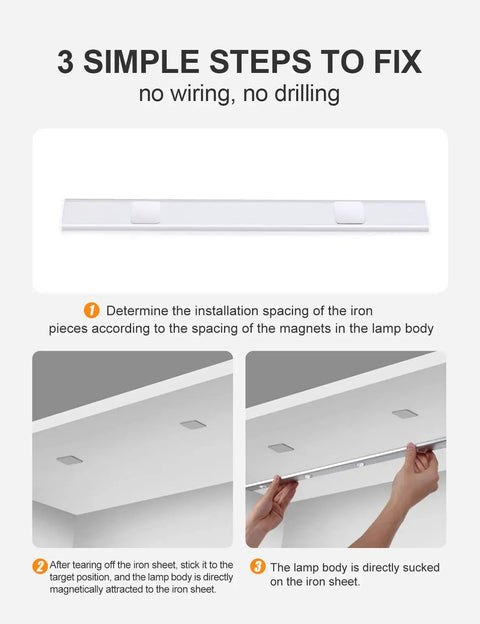 LED Under Cabinet Lights With Motion Sensor USB Rechargeable Night Light installation guide showing easy magnetic attachment.