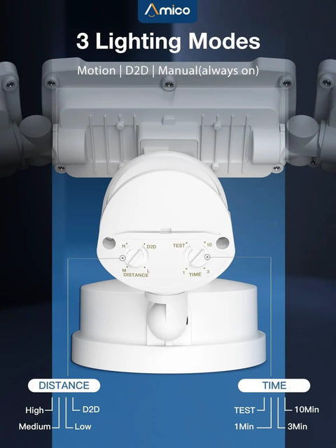 Close-up of settings on Three Head LED Motion Sensor Security Light With 40W And 4000 Lumens, 5000K Daylight, IP65 Waterproof
