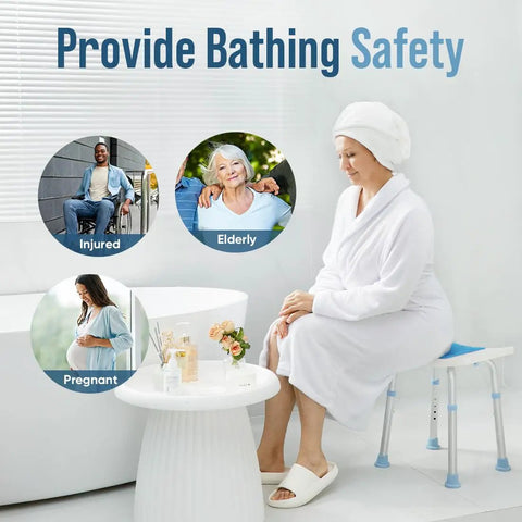 Person using an adjustable shower chair with tool free assembly and anti slip bath stool in a bathroom, showcasing safety features.