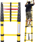 Badass Fiberglass Telescoping Ladder Adjustable Extension Step Ladder For Roof Work Smooth Scaling Design in use, supports 330 lbs.