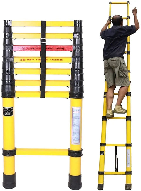 Premium Fiberglass Telescoping Ladder With Slick One Touch Extension and Rock Solid Non Slip Steps for Roof Access in use.