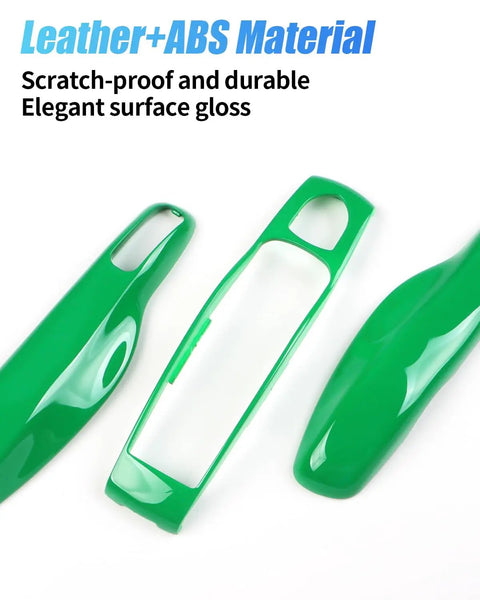 Three pieces of Giant Python Green Porsche Key Case and Cover for Macan Cayenne 718 Cayman Panamera 911 Boxster on white background.