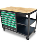 Heavy Duty Mobile Tool Cabinet With Wood Top Workbench And Seven Smooth Gliding Drawers Lockable Storage Drawer Brake Caster Black Metal Frame With Double Shelves For Garage Workshop Or Outdoor Use