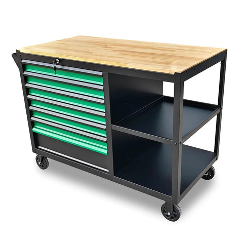 Heavy Duty Mobile Tool Cabinet With Wood Top Workbench And Seven Smooth Gliding Drawers Lockable Storage Drawer Brake Caster Black Metal Frame With Double Shelves For Garage Workshop Or Outdoor Use