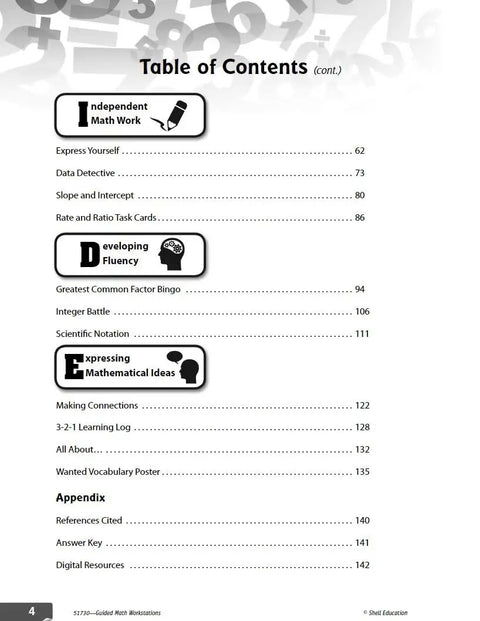 Table of contents page from Math Workstations Mastery For Grades 6 Through 8 Hands On No Fluff Strategies To Bring Guided Math Into Action