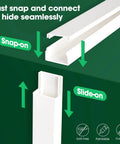Illustration of the No Screw Needed Cord Hider Kit showing snap-on and slide-on mechanisms, paintable, 58-inch length.
