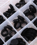 Grommet Rubber Sealing Gasket Kit 125 Piece Set In Black With Plastic Storage Box, assorted rubber rings in compartments