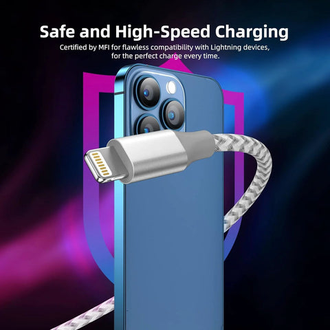 Lightning nylon braided iPhone charging cable plugged into a blue iPhone; front view.