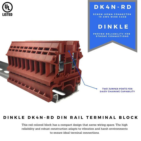 Red DIN Rail Terminal Block Screw Type UL 600V 30A, shown in a compact design with screw connections, mounted on a rail