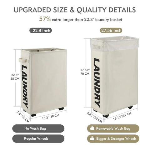 Comparison of 22.8 and 27.56-inch Big Ol Extra Large Slim Rolling Laundry Baskets with removable bags and strong wheels.