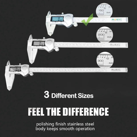 Three sizes of 6 Inch Digital Caliper With LCD Display Stainless Steel Electronic Vernier Calipers IP54 Waterproof