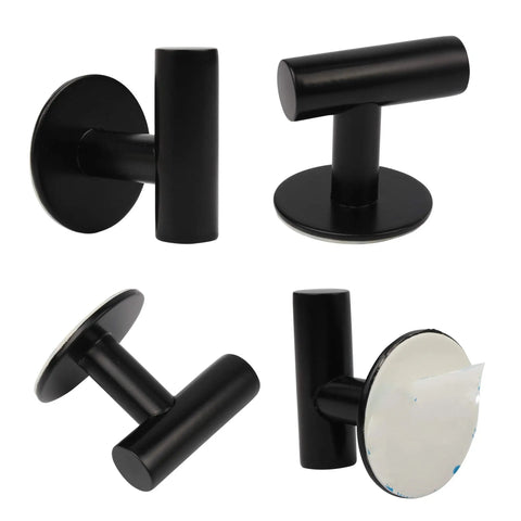 Three Pack Self Adhesive Stainless Steel Towel Hooks Black Matte Heavy Duty Wall Mounts For Bathroom Kitchen Bedroom Waterproof Holds Up To 3kg No Drilling Required, showing various angles including adhesive back.