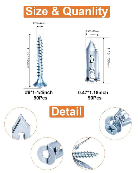 Premium Self Drilling Drywall Anchors And Screws For Hanging Heavy Floating Shelves Mirrors And Large Picture Frames Supports Up To Sixty Six Pounds detailed size info diagram.