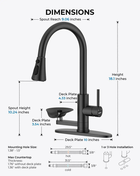 Dimensions of Kitchen Faucet with Glass Rinser, Pull Down Sprayer, 3 Water Modes in black finish, measuring spout reach 9.06 inches.
