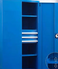 Heavy Duty Rolling Tool Chest And Two Door Garage Storage Cabinet With Tough As Nails Steel Frame, blue cabinet with shelves and drawers.