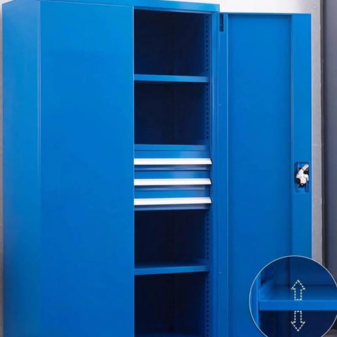Heavy Duty Rolling Tool Chest And Two Door Garage Storage Cabinet With Tough As Nails Steel Frame, blue cabinet with shelves and drawers.