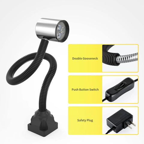 Built Tough LED Work Light With Flexible Gooseneck, IP65 Waterproof Industrial Lamp, 900 Lumens shown with switch and plug details