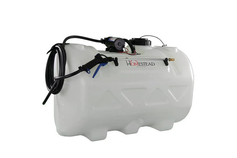 60 Gallon Prime Spot Sprayer With 2.2 GPM On Demand Diaphragm Pump in white finish with hose organizer and clear bowl strainer.