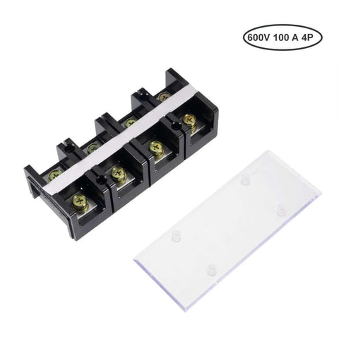 Heavy Duty 4 Position Dual Row Barrier Block Terminal Strip 600V 100A 8 Terminals For 10 To 22 Mm2 Wires With Removable Clear Insulating Cover