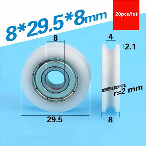 8x29.5x8mm Concave POM Nylon Wheel with 608ZZ Bearing in White, part of 20Pcs U Groove Plastic Coated 608ZZ Bearings With Concave POM Nylon Wheels For Smooth Gliding Low Friction Rust Resistant Self Lube Performance In Any Rig Or Project Setup Today.