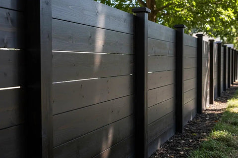 Pro Grade Reactive Water Based Wood Stain For Interior Or Exterior Creates A Badass Smoked Black Brown Finish on a wooden fence.