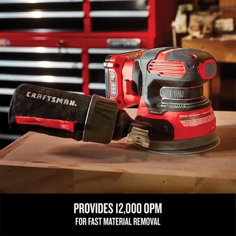 V20 Cordless 5 Inch Orbital Sander Bare Tool With 12,000 OPM on wooden surface in workshop setting