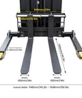 Built Different Full Electric Pallet Stacker With 2640 Pound Capacity And Lithium Battery Walkie System featuring adjustable forks and straddle legs.