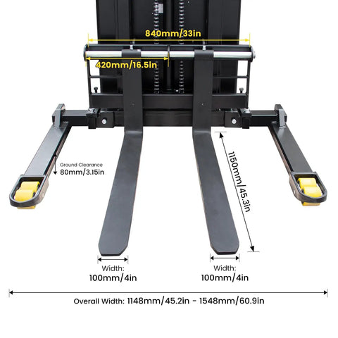Built Different Full Electric Pallet Stacker With 2640 Pound Capacity And Lithium Battery Walkie System featuring adjustable forks and straddle legs.