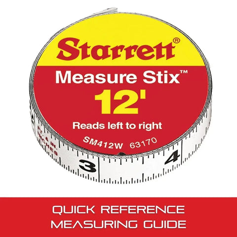 Tape Measure Stix With Sticky Backing For Quick On Surface Readings On Workbench Saw Table Or Drafting Table 1/2 Inch By 12 Foot Left Right Reading S1 Style English Metric, coiled and labeled with measurements.