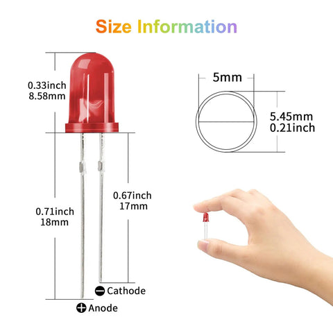 Red LED from 450 Piece 5mm LED Diode Kit With Five Colors White Red Yellow Green Blue For DIY Electronics Projects size details