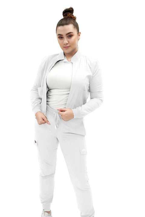 Womens Zip Front Medical Scrub Jacket Crisp White Nurse Uniform Top Straight Up Professional Healthcare Workwear With Slick Closure And All Day Comfy Support For Clinical Rounds In Large worn by model, featuring sleek design and dual pockets.