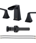 Matte Black Waterfall Bathroom Faucet For 8 Inch Widespread Sink Three Hole Two Handle Vanity Faucet With Pop Up Drain No Splash Quiet Operation And Durable Finish For Modern Home Bathrooms components layout
