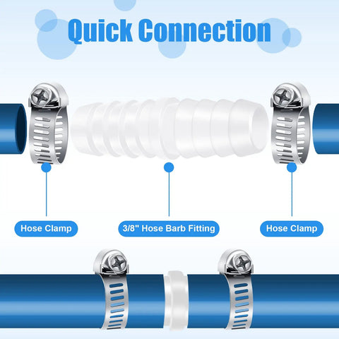 Ten Piece Plastic Hose Barb Fittings Set Three Eighths Inch By Three Eighths Inch Pipe Connectors Barbed Splicer Mender Union With Twenty Hose Clamps For Household Adapters Fuel Gas Liquid Air Repair showing hose clamp and fitting diagram