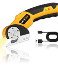 Heavy Duty Cordless Electric Scissors And Cardboard Cutter For Fabric, Plastic, Wood And Wrapping Paper With Safety Lock And LED Light, yellow handle and blade with USB charging cable.