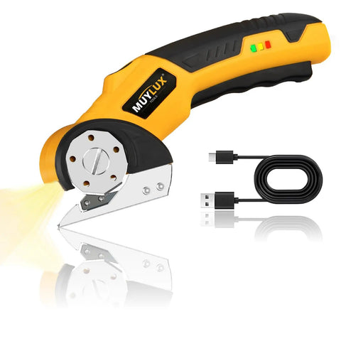 Heavy Duty Cordless Electric Scissors And Cardboard Cutter For Fabric, Plastic, Wood And Wrapping Paper With Safety Lock And LED Light, yellow handle and blade with USB charging cable.