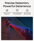 Two Camera Solar 4K Wireless Outdoor Security Kit With 360 Degree Coverage And Cross Cam Tracking in action with warning lights.