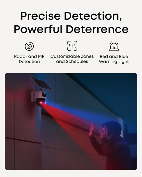 Two Camera Solar 4K Wireless Outdoor Security Kit With 360 Degree Coverage And Cross Cam Tracking in action with warning lights.