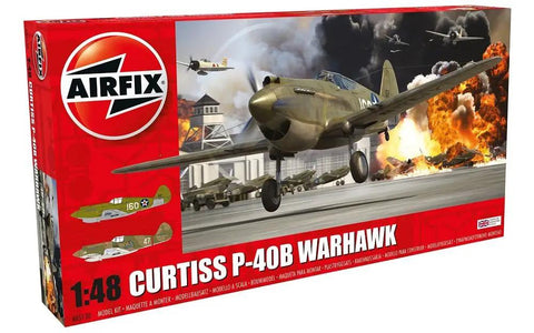Box of WWII Curtiss P 40B Warhawk Scale 1 48 Plastic Aircraft Model Kit In Green And White for hobbyists and collectors