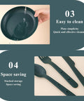 Camping Mess Kit For Four With Plates Bowls Cups Utensils And Carry Bag Food Grade Plastic Outdoor Dinnerware Gear For Travel Picnics And Campouts On The Go showing easy-to-clean plate and space-saving utensils